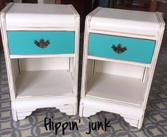 two white and blue nightstands sitting next to each other on a tile floor with the words flippin'junk written below them