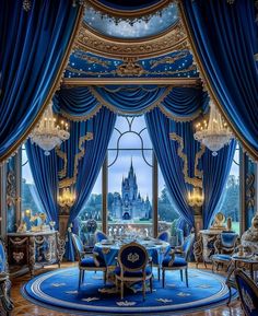 an elaborate dining room with blue curtains and chandelier in front of a castle like building