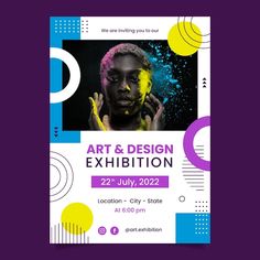 an art and design exhibition flyer with a woman's face painted in bright colors