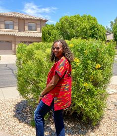 New red and black African print cotton top for women. Our women's long kaftan top is a loose, high-low style for fun wear. Easy to wear, effortlessly cute, and classy. This cool Ronke top will be specially handcrafted for you upon purchase.  Wear this fun Kaftan top over pants, skirts, shorts, or jeans.  FEATURES -  High-low hem, side slits, and cute split neckline design. This item will be specially handcrafted for you upon purchase. We appreciate your including your bust, waist, and hip measurements at checkout otherwise, we will use the measurements listed with the size you selected. Approx Length: Front- 29.5", Back - 31" The model is 5'7" Modifications for no extra charge: Make top shorter Lower or higher neckline  Longer or shorter side slits  To purchase, select size, color, and che Red Short Sleeve Cotton Blouse, Black Top Summer, Kaftan Top, Male Kimono, Long Kaftan, High Low Blouse, Neckline Designs, Festival Tops, African Print Fabric