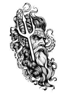 a drawing of an old man with long hair and beard holding a fork in his hand