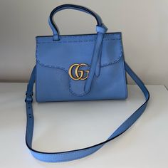 Never Used Gucci Gg Marmont Leather Top Handle Shoulder Bag Blue. Comes With Detachable Strap And Dust Bag Gucci Marmont Matelasse Mini, Gucci Sylvie Bag, Gucci Purse, Sky Blue Color, Bags Gucci, Gucci Gg Marmont, Gucci Shoulder Bag, Ostrich Leather, Gucci Leather