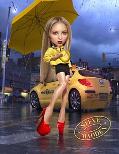 a barbie doll sitting on top of a yellow car in the rain with an umbrella