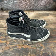 Vans Sk8 Hi size 9 in black. Worn in sneakers. Throw on and go on. See photos for details. Flex Your Head Threads! Casual Slip-on High-top Sneakers For Streetwear, Grunge Lace-up Sneakers For Streetwear, Grunge Low-top Sneakers For Streetwear, Black Casual High-top Sneakers For Skateboarding, Casual Black High-top Sneakers For Skateboarding, Black Lace-up Sneakers For Urban Adventures, Black Casual Sneakers For Skateboarding, Black Slip-on High-top Sneakers, Casual Black Skateboarding Sneakers