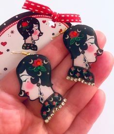 Deco lady rose moon stars illustrated earrings Whimsical Hand Painted Earrings, Hand Painted Party Earrings, Hand Painted Earrings For Party, Galentines Valentines, Large Statement Earrings, Shrinky Dink, Dog Brooch, Jewellery Designer, Statement Jewellery