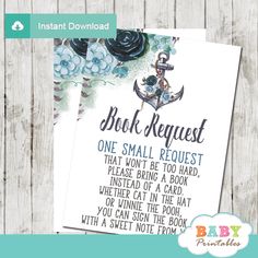 the printable baby shower request is displayed on a wooden background with flowers and an anchor