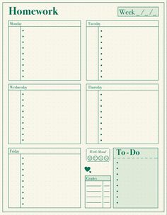 a printable planner with the words homework and to do list in green on it