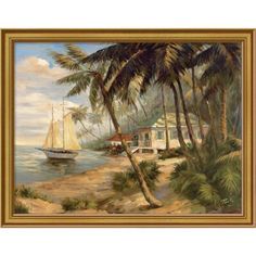 a painting with palm trees and a sailboat on the water in front of a house