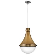 a brass and white light fixture with an oval glass shade on the bottom, hanging from a