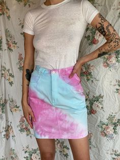 "High waist cotton mini skirt from the 1980's. I tie-dyed this one. For the tshirt also photographed, go here: https://www.etsy.com/listing/1234183973/1960s-hanes-tshirt-all-cotton-blank?click_key=ecca549d43b03764dd3c0b270e0fa20251447e4c%3A1234183973&click_sum=5d60760e&ref=shop_home_active_67 Waist: 24\" Hips: 36\" Length: 18\" Circa: 1980's Condition: Good vintage condition. Normal wear. Follow us on Instagram for the latest----> http://instagram.com/closetcasevintage @closetcasevintage Please 80s Denim, Tie Dye Jeans, Blue Denim Skirt, Jean Skirt, Denim Mini Skirt, Tie Dyed, Denim Skirt, Blue Denim, Womens Skirt