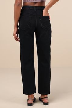 Let the Just Black Authentic Vibes Washed Black High-Rise Tapered Barrel Jeans show off your trend-setting style! Slightly stretchy, washed black denim shapes these effortless jeans with a high-waisted design, complete with belt loops, a five-pocket cut, and a hidden zip fly with a top button closure. The wide, barrel-inspired pant legs fall to tapered hems for an on-trend silhouette. Fit: This garment fits true to size. Length: Ankle length. Size 28 measures 26" from waist to hem. Inseam: 28.00 Classic High Rise Black Jeans, Black Straight Leg Jeans For Work, Classic Black Mid-rise Jeans, Trendy Black Straight Jeans, Black Straight Bottoms With Relaxed Fit, Black Straight Relaxed Fit Bottoms, Versatile Black Relaxed Fit Jeans, Black Relaxed Fit Versatile Jeans, Black Relaxed Fit Jeans Versatile