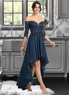 Makayla A-Line Off-the-Shoulder Asymmetrical Satin Homecoming Dress With Lace UKP0015441 Silhouette:: A-Line Neckline:: Off-the-Shoulder Length:: Asymmetrical Embellishment:: Lace Fabric:: Satin,Lace Sleeve:: 1/2Sleeves BackStyle:: ZipperUp FullyLined:: Yes Built-InBra:: Yes Boning:: Yes Size:: General,Plus This dress could be custom made, there are no extra cost to do custom size and color. Asymmetrical Satin Evening Dress For Wedding, Asymmetrical Satin Wedding Gown, Asymmetrical Wedding Dress With Sweep Train, Asymmetrical Sweep Train Wedding Dress, Elegant High-low Hem Prom Dresses, Elegant Prom Dresses With High-low Hem, Asymmetrical Satin Gown For Evening, Asymmetrical Evening Dress With Sweep Train, Asymmetrical Satin Prom Gown