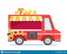 a red food truck with pizza on top