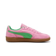 Pink And Green Sneakers, Retro Pink Sneakers With Rubber Sole, Pink Puma Shoes Outfit, Puma Shoes Outfit, Pink Puma Shoes, Puma Shoes Women, Puma Palermo, Pink Pumas, Pretty Shoes Sneakers