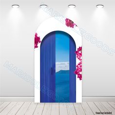 an open door with pink flowers on the outside and blue in the inside is shown