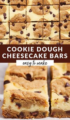 cookie dough cheesecake bars are cut into squares and stacked on top of each other