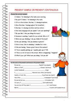 a worksheet with the words present simple or present conjuous on it