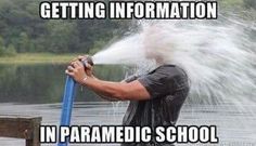 a man is spraying water on his face while standing in front of a lake with the caption getting information in paramedic school