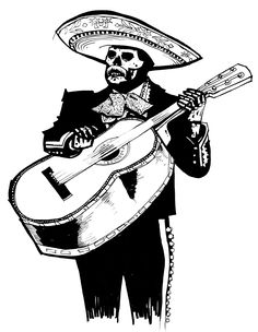 a black and white drawing of a mexican musician