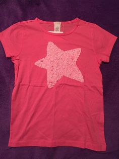 Pink with lighter pink bid sequin star Size 8 Smoke free home Cotton Tops With Star Patch For Spring, Spring Cotton Tops With Star Patch, Cotton Shirt With Star Print For Summer, Y2k Crew Neck T-shirt With Star Print, Cotton T-shirt With Star Patch For Summer, Summer Cotton T-shirt With Star Patch, Pink Crew Neck Top With Star Print, Cheap Pink Star-shaped Necklaces, Pink Star Print Short Sleeve T-shirt