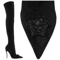 VERSACE Thigh High Black Suede Stiletto Boots Italian size 36 - US 6 These Palazzo slide-up thigh high suede boots are a quintessential style for the modern woman. Slide-up soft suede, Stiletto heel, 100% leather. Made in Italy Gently worn, great condition. Versace Thigh High Boots, Bayonetta Oc, Versace Boots, Fancy Footwear, Jeans Hoodie, Thigh High Suede Boots, Luxury Boots, Versace Shoes, Womens Combat Boots