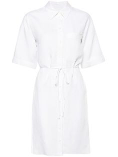 white lyocell-linen blend silver-tone logo plaque classic collar front button fastening short sleeves chest patch pocket detachable waist belt unlined straight hem thigh-length This item contains at least 50% materials which are certified or widely recognised as having a lower environmental impact through production and/or manufacturing processes that reduce water consumption and the use of harmful chemicals, or re-use by-products of the production process. Learn more about what makes a product Conscious on our Conscious Criteria page White Shirt Dress With Pockets For Work, Elegant White Belted Shirt Dress, White Short Sleeve Shirt Dress For Work, White Belted Shirt Dress For Work, Classic Spread Collar Shirt Dress For Summer, Classic Summer Shirt Dress With Spread Collar, Classic Shirt Dress With Spread Collar For Summer, Modern Summer Shirt Dress For Work, Modern Collared Shirt Dress For Daywear