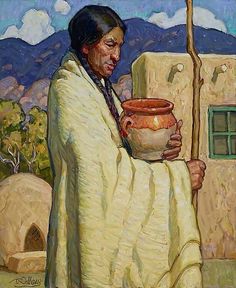 a painting of a native american woman holding a pot