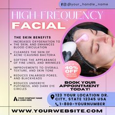 "High Frequency Facial Flyer Template - Editable Esthetician Appointment Flyers Templates - High-Frequency Facials Therapy Online Booking Eflyer Post - Highfrequency Estheticians Appointments E-flyer - Board Certified Dermatologist Bookings Eflyers - Acne Treatment Therapy Oxygen Wand Machine E-flyers - HF Electrical Current Glass Electrode Device - Oscillation High Frequency Facial Procedure Instagram Flyer - Neon or Argon Gas Oscillating Device Machines Technician Flyer - Acne Skincare Beauty Beautician Course, High Frequency Facial, Facial Procedure, Instagram Flyer, Oxygen Facial, Dark Eye Circles, Acne Skincare