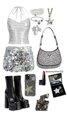 Silver New Years Eve Outfit, Disco Silver Outfit, Stargirl Birthday Outfit, Silver Space Costume, Weeknd Outfit Inspo Concert, Silver And Black Birthday Outfit, Euphoria Party Outfits Inspired, Fun Club Outfits, Stargirl Halloween Costume