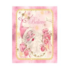 a pink and gold christmas card with santa claus