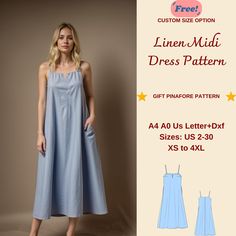 the linen midi dress pattern is available in two sizes