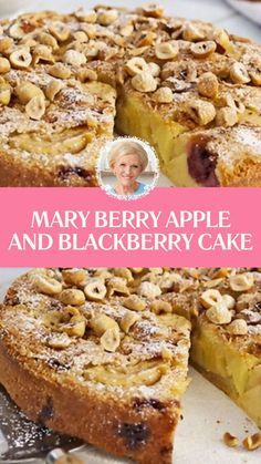 a close up of a cake on a plate with the words mary berry apple and blackberry cake