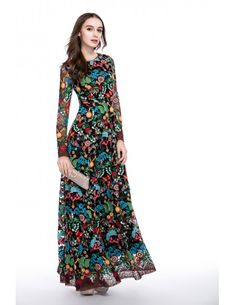 Colorful A-line Scoop Neck Floral Print Floor-length Formal Dress Woman Party Dress, Elegant Gowns, Evening Dresses Online, Evening Dress Floor Length, Lace Dress Long, Formal Dresses Prom, Party Dress Long, Bohemian Chic, Party Dresses For Women