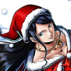 a drawing of a woman dressed as santa clause with long black hair and blue eyes