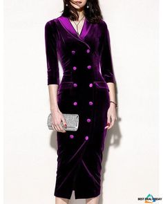 Women's Street chic Chinoiserie Shift Sheath Dress Fitted Sheath Dress With Buttons, Elegant Purple Winter Dresses, Sheath Dress With Buttons For Party, Formal Purple Dress With Buttons, Sheath Party Dress With Buttons, Elegant Purple Dress With Buttons, Elegant Purple Bodycon Dress, Elegant Purple Knee-length Bodycon Dress, Elegant Spring Bodycon Dress With Buttons