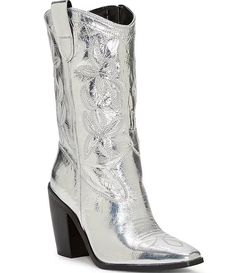 Vince Camuto Alisah Western Crinkle Metallic Leather Cowgirl Boots | Dillard's Silver Cowboy Boots, Dolce Vita Boots, Classic Embroidery, Square Toe Western Boots, Leather Cowgirl Boots, Wedding Guest Shoes, Western Boot, Baby Boy Shoes