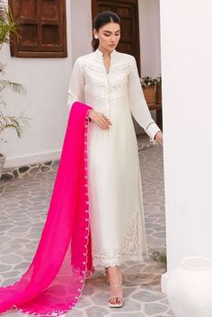 Elegant Off White meticulously embroidered cut-work Korean Silk Shirt A perfect addition to your Summer wardrobe. It is paired with shocking pink dupatta for the pop of color that has white contrasting embroidery on four sides. Trending Dress, Pink Dupatta, Desi Wear, Pakistani Fancy Dresses, Pakistani Fashion Party Wear, Beautiful Pakistani Dresses, Shocking Pink, Simple Pakistani Dresses