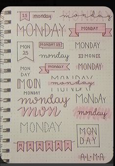 a notebook with writing on it and the words monday written in different languages, including days