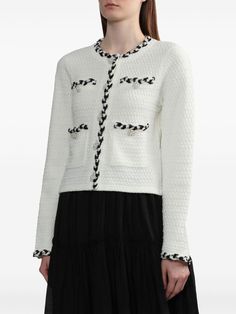 Find TOUT A COUP Braided-trim Tweed Jacket on Editorialist. milk white tweed braided trim faux-pearl buttons round neck front button fastening long sleeves four front patch pockets straight hem White Tweed, Pearl Buttons, Tweed Jacket, Faux Pearl, Patch Pocket, Round Neck, Braids, Milk, Long Sleeves