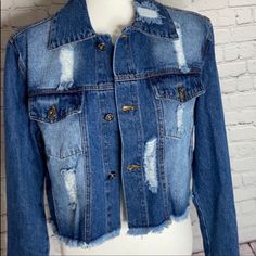 Nwt Cropped Denim Jacket. Size Large Cropped Dark Wash Denim Outerwear, Dark Wash Cropped Denim Jacket For Fall, Blue Cropped Outerwear With Frayed Hem, Cropped Ripped Medium Wash Outerwear, Ripped Cropped Denim Outerwear, Medium Wash Cropped Ripped Outerwear, Distressed Cropped Denim Outerwear, Cropped Distressed Denim Outerwear, Casual Cropped Dark Wash Outerwear