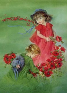 a painting of two children playing with flowers