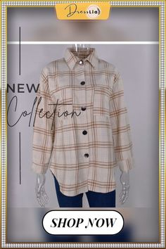 Autumn Winter Long Plaid Shirt Women Casual White Long Sleeve Pocket Button Up Collared Shirt Top Clothes Fashion New Fall Trendy Fall Shirt With Lapel Collar, Plaid Tops With Snap Buttons For Work, Collared Beige Shirt For Fall, Plaid Collared Blouse For Fall, Fall Collared Shirt With Button Closure, Fall Season Collared Shirt With Button Closure, Trendy Winter Blouse With Button Closure, Fall Collared Shirt With Snap Buttons, Fall Shirt With Casual Collar And Buttons