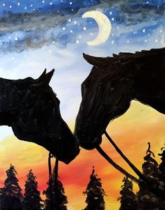 two horses kissing each other in front of a night sky