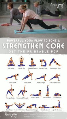 a woman doing yoga poses with the text, powerful yoga flow to tone & strength core get the printable