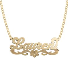 Ladies Shiny Script Name Plate Satin Flower Ribbon Necklace Real 14K Gold - bayamjewelry Name Plate Earrings, Name Plate Necklace Gold, Rapunzel Quince, Gold Necklace Name, Gold Name Plate Necklace, Gold Nameplate Necklace, Gold Name Plate, Custom Gold Jewelry, Necklaces Collection