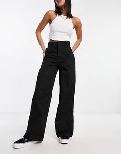 Dickies grove hill wide leg trousers in black | ASOS Dickies Wide Leg Work Pants, Fitted Trousers Women, Pantalon Noir Large, Dickies Outfit Women, Pantalon Dickies, Dickies Pants Outfits Women, Dickies Outfit, Black Work Trousers, Colored Pants Outfits