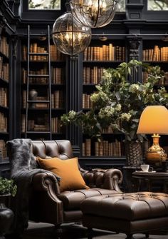 a living room filled with lots of furniture and bookshelves covered in shelves full of books