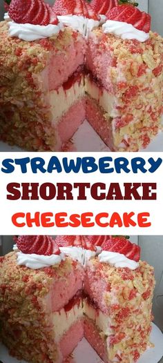 a cake with strawberries on top is cut in half and has the words weight watchers strawberry shortcake cheesecake