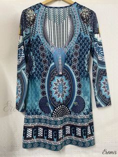 Eromis - Stylish Ethnic Print V-Neck Dress, Long Sleeve Boho Dress for Comfortable and Versatile All-Season Wear, Womens Fashion Apparel Long Sleeve Boho Dress, Ethnic Print, V Neck Dress, Casual Fits, Boho Dress, Fit And Flare, Dress Length, Types Of Sleeves, Collar Styles