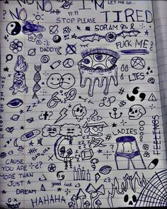 an open notebook with writing and doodles all over the page, including eyeballs